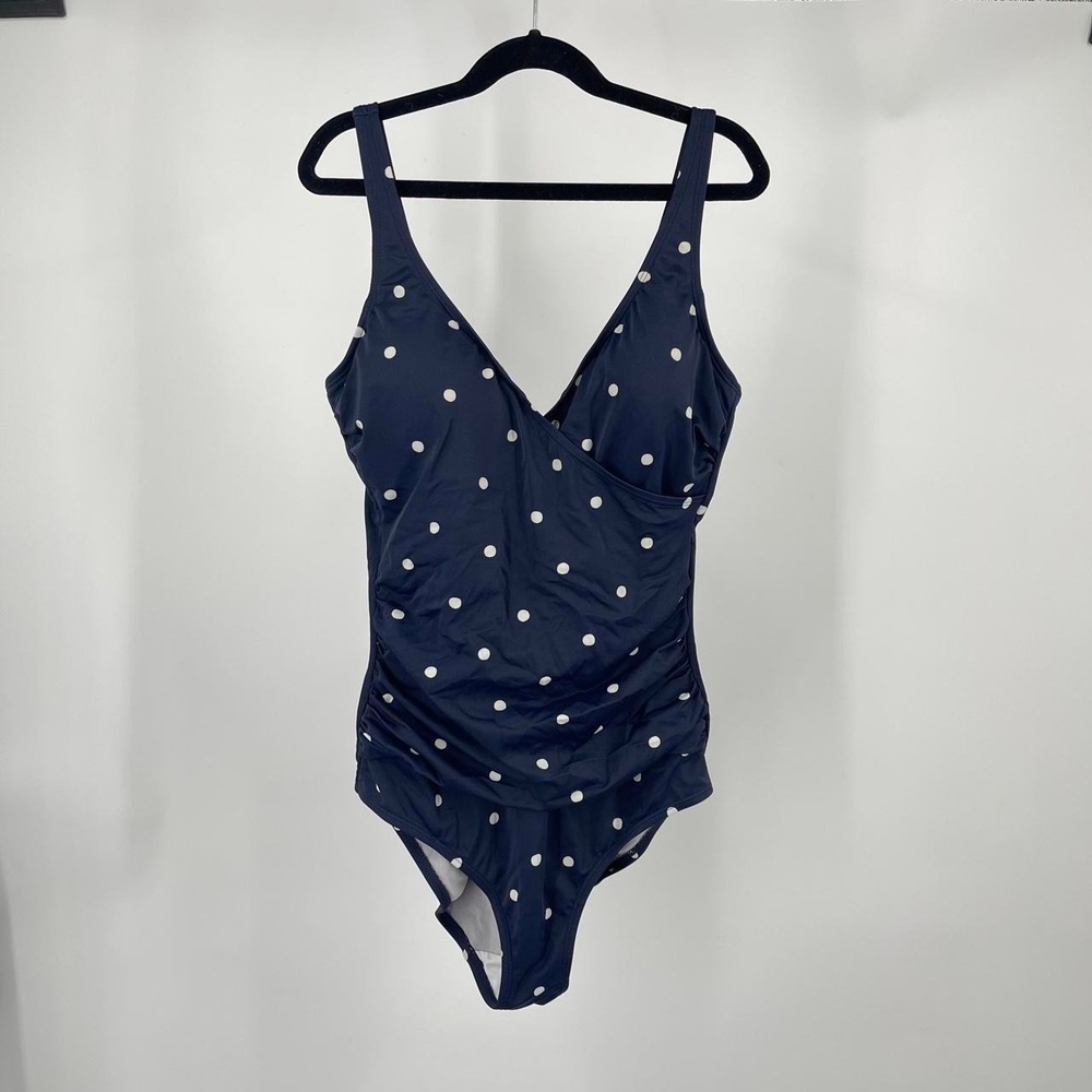 Boden Women's Retro Polka Dot One Piece Swimsuit Navy V Neck 8 M Pinup Resort